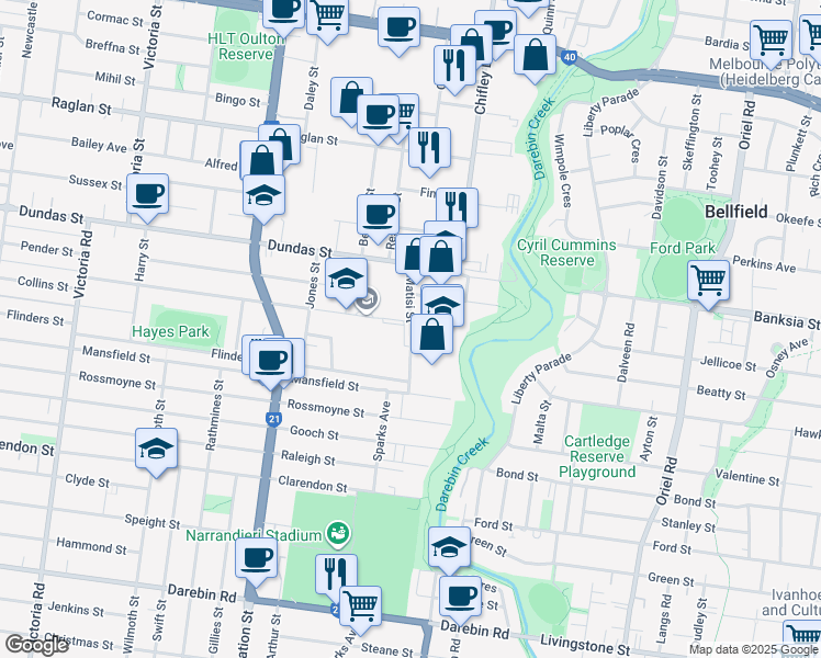 map of restaurants, bars, coffee shops, grocery stores, and more near Matisi Street in Thornbury