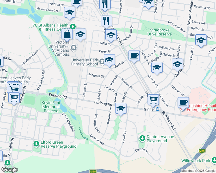 map of restaurants, bars, coffee shops, grocery stores, and more near 38 Lima Street in St Albans