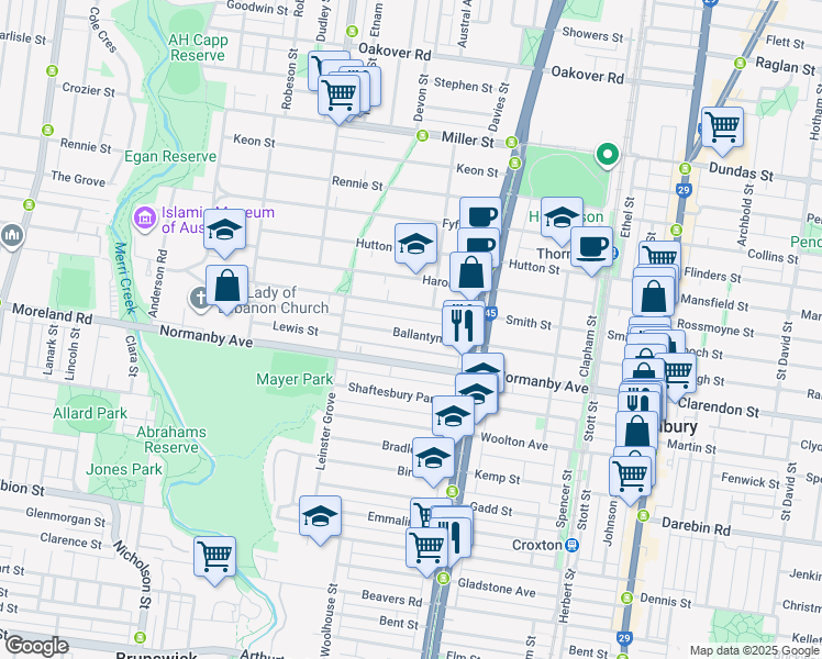 map of restaurants, bars, coffee shops, grocery stores, and more near 110 Ballantyne Street in Thornbury