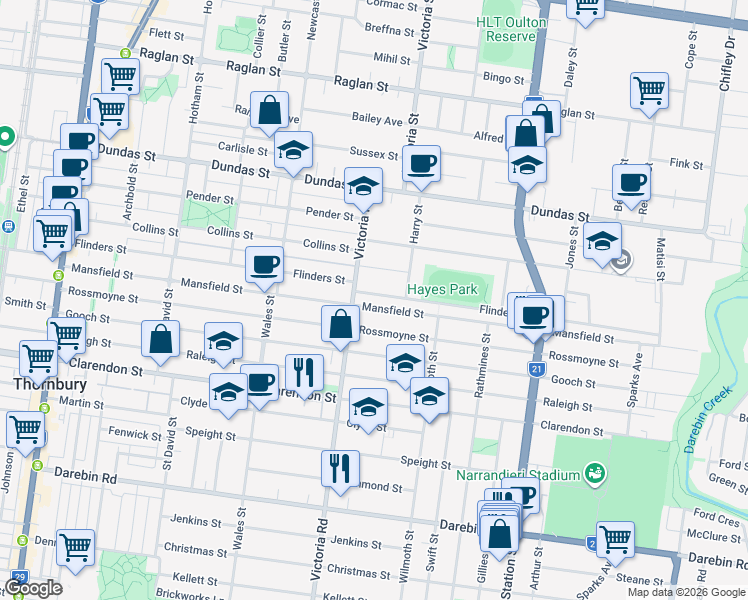map of restaurants, bars, coffee shops, grocery stores, and more near 187 Mansfield Street in Thornbury