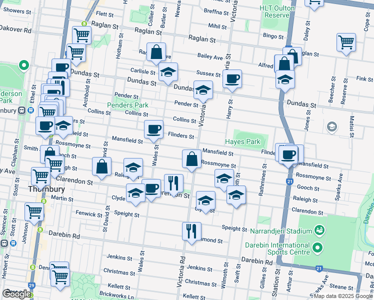 map of restaurants, bars, coffee shops, grocery stores, and more near 160 Mansfield Street in Thornbury