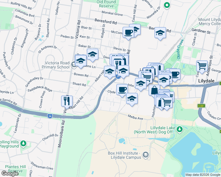 map of restaurants, bars, coffee shops, grocery stores, and more near 10 Clyde Street in Lilydale