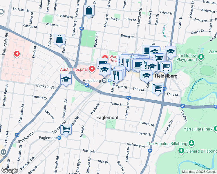 map of restaurants, bars, coffee shops, grocery stores, and more near 83 Yarra Street in Heidelberg