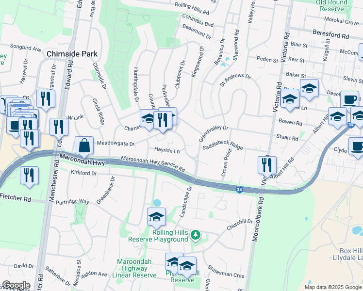 map of restaurants, bars, coffee shops, grocery stores, and more near 19 Country Club Drive in Chirnside Park
