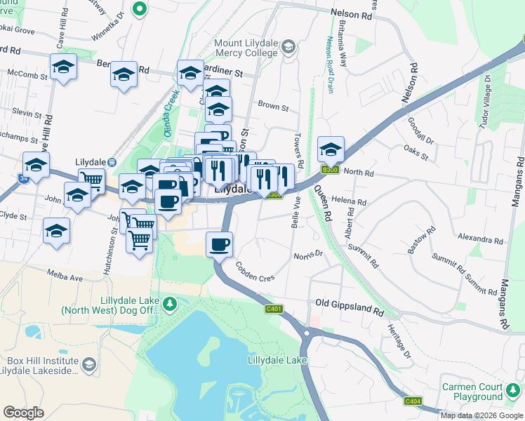 map of restaurants, bars, coffee shops, grocery stores, and more near 5 Deschamps Avenue in Lilydale