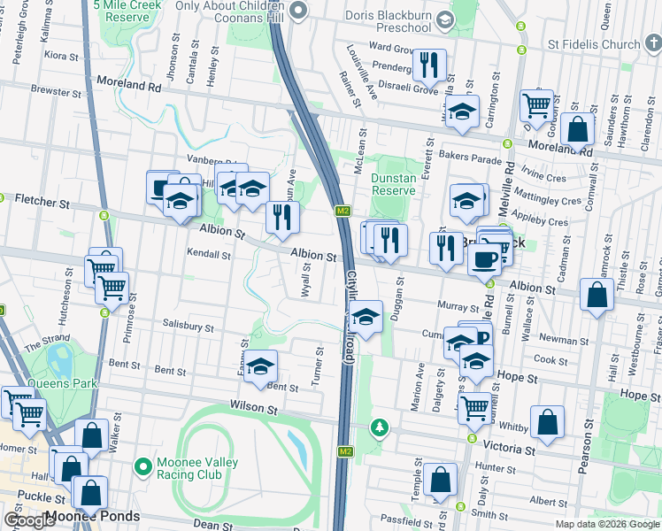map of restaurants, bars, coffee shops, grocery stores, and more near 28 Yarrabin Street in Brunswick West