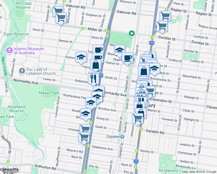 map of restaurants, bars, coffee shops, grocery stores, and more near 77 Ballantyne Street in Thornbury