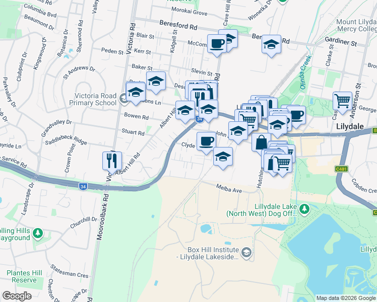 map of restaurants, bars, coffee shops, grocery stores, and more near 7-9 Clyde Street in Lilydale