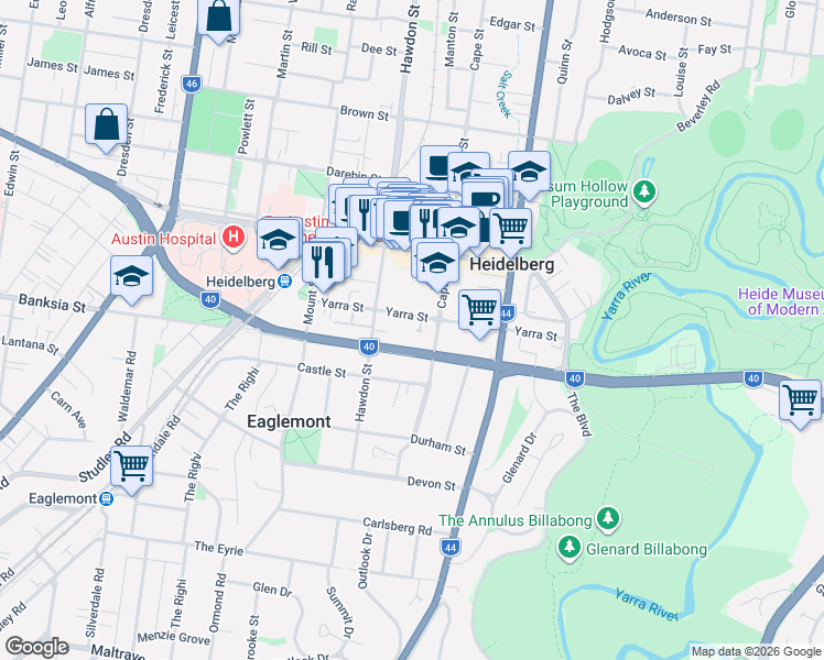 map of restaurants, bars, coffee shops, grocery stores, and more near 51 Yarra Street in Heidelberg