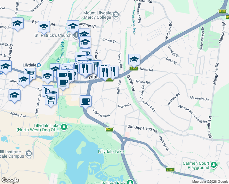 map of restaurants, bars, coffee shops, grocery stores, and more near 18 Belle Vue in Lilydale