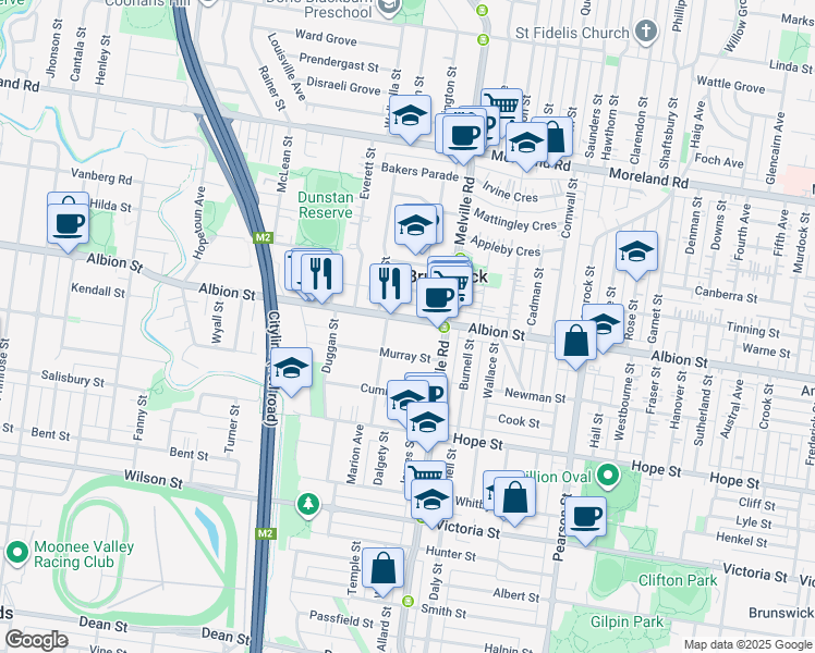 map of restaurants, bars, coffee shops, grocery stores, and more near 446 Albion Street in Brunswick West