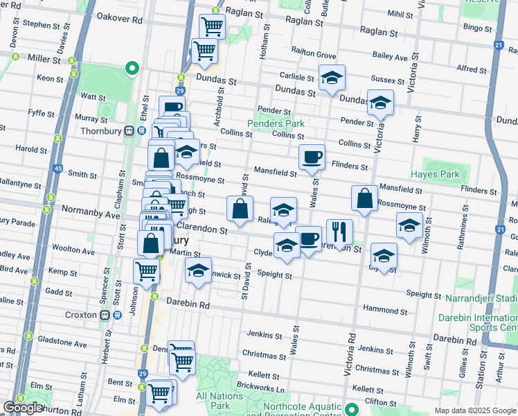 map of restaurants, bars, coffee shops, grocery stores, and more near 82 Gooch Street in Thornbury