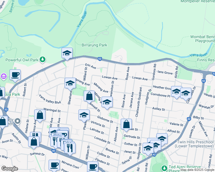 map of restaurants, bars, coffee shops, grocery stores, and more near 8 Eagle Rise in Templestowe Lower