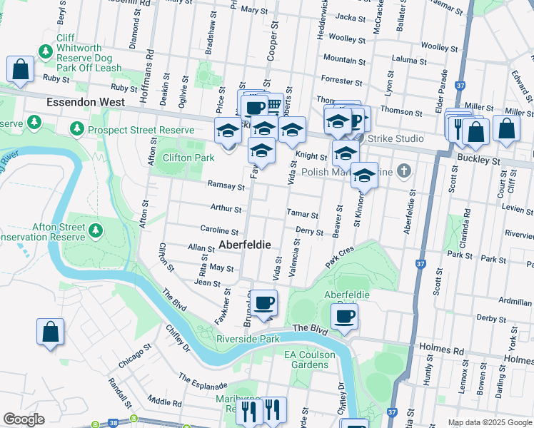 map of restaurants, bars, coffee shops, grocery stores, and more near 8 Arthur Street in Aberfeldie