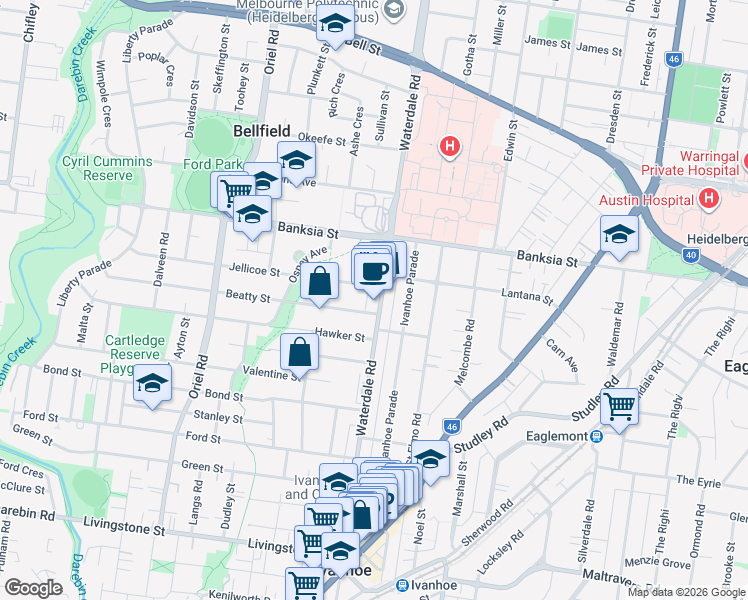 map of restaurants, bars, coffee shops, grocery stores, and more near 232 Waterdale Road in Ivanhoe