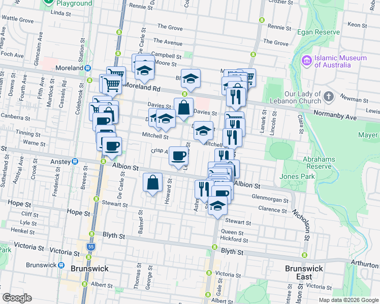 map of restaurants, bars, coffee shops, grocery stores, and more near 36 Leithead Street in Brunswick