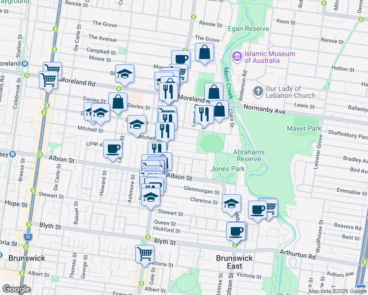 map of restaurants, bars, coffee shops, grocery stores, and more near 136 Mitchell Street in Brunswick East