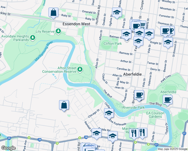 map of restaurants, bars, coffee shops, grocery stores, and more near 58 Afton Street in Essendon West