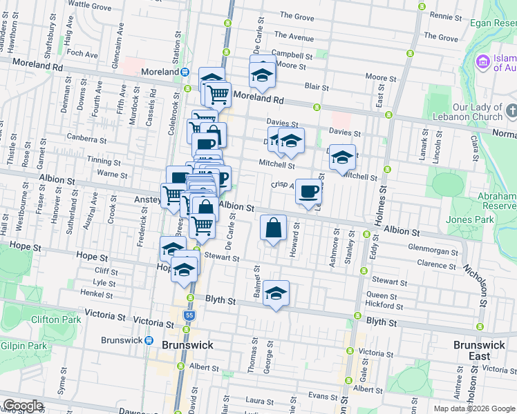 map of restaurants, bars, coffee shops, grocery stores, and more near 145 Albion Street in Brunswick
