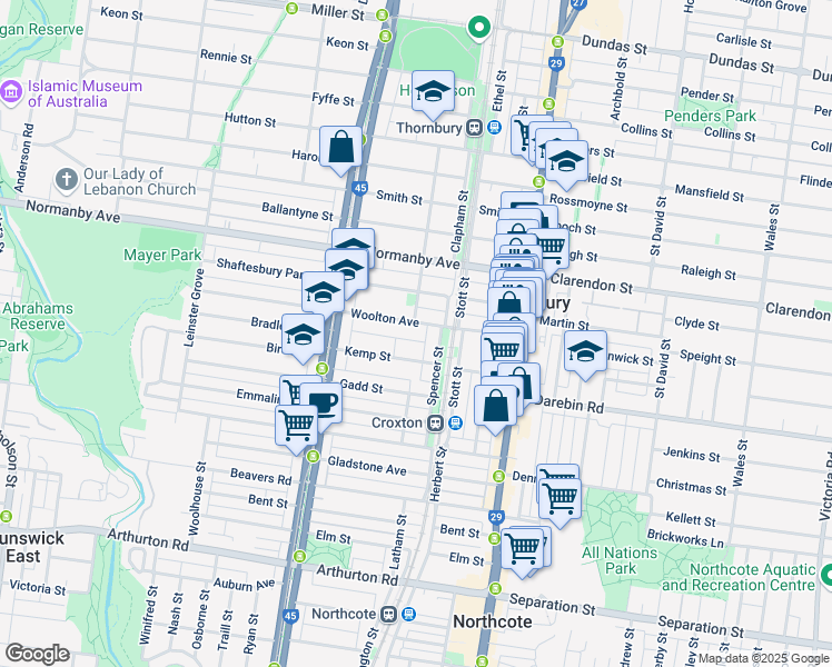 map of restaurants, bars, coffee shops, grocery stores, and more near 33 Woolton Avenue in Thornbury