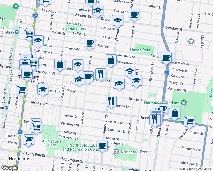 map of restaurants, bars, coffee shops, grocery stores, and more near 85C Clyde Street in Thornbury