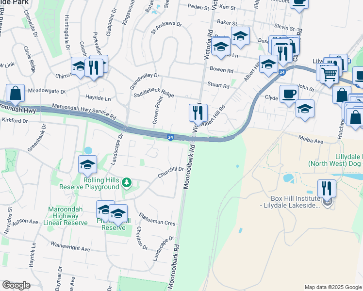 map of restaurants, bars, coffee shops, grocery stores, and more near 9 Thornton Court in Mooroolbark