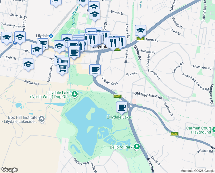 map of restaurants, bars, coffee shops, grocery stores, and more near 472 Swansea Road in Lilydale