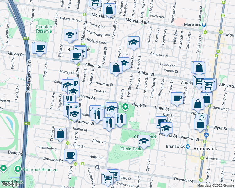map of restaurants, bars, coffee shops, grocery stores, and more near 106 Pearson Street in Brunswick West