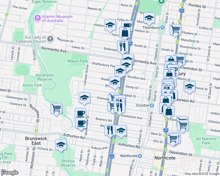 map of restaurants, bars, coffee shops, grocery stores, and more near 13 Bird Avenue in Northcote