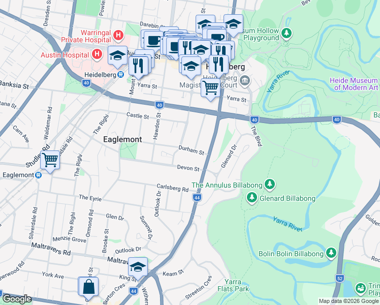map of restaurants, bars, coffee shops, grocery stores, and more near 17 Durham Street in Eaglemont