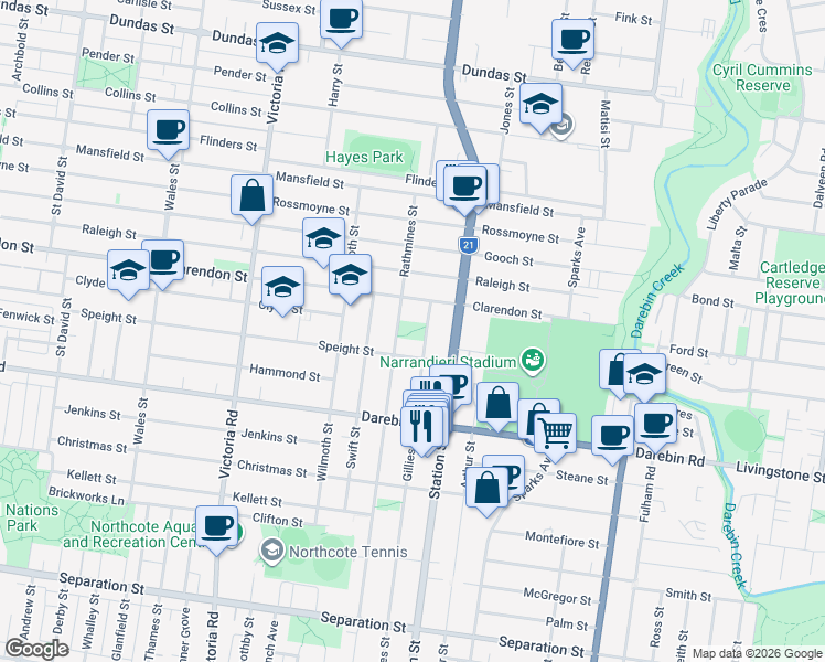 map of restaurants, bars, coffee shops, grocery stores, and more near 328-332 Gillies Street in Thornbury