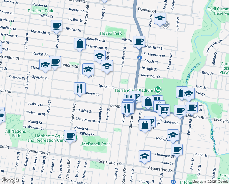 map of restaurants, bars, coffee shops, grocery stores, and more near 34 Swift Street in Thornbury