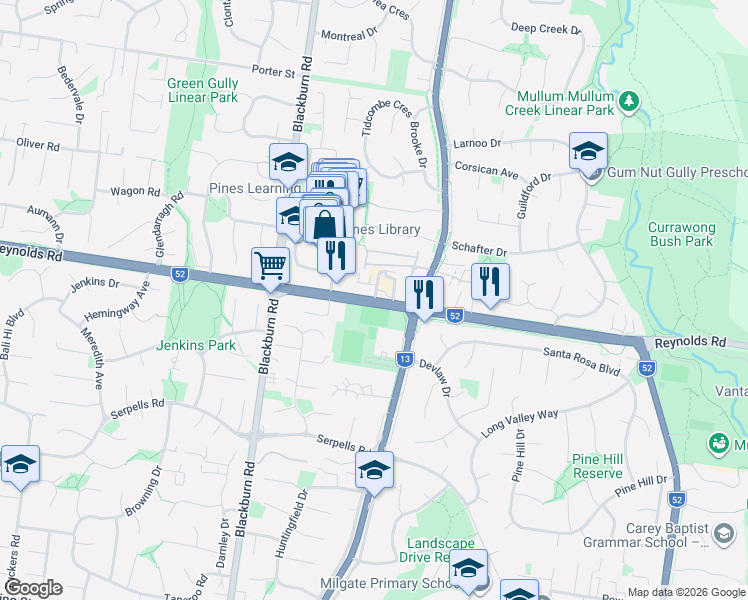 map of restaurants, bars, coffee shops, grocery stores, and more near Reynolds Road in Manningham City
