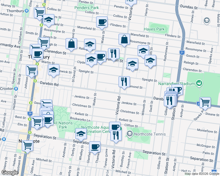 map of restaurants, bars, coffee shops, grocery stores, and more near 125 Darebin Road in Thornbury