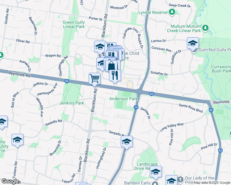 map of restaurants, bars, coffee shops, grocery stores, and more near 210 Reynolds Road in Doncaster East