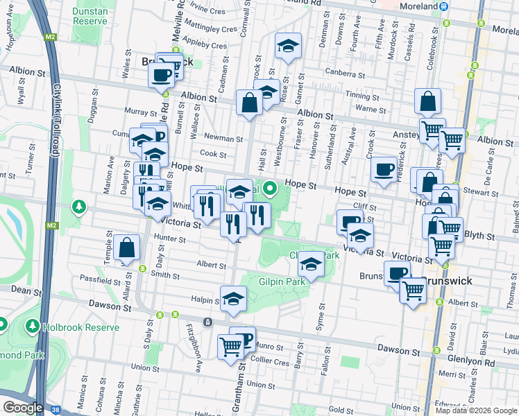 map of restaurants, bars, coffee shops, grocery stores, and more near 133A Hope Street in Brunswick