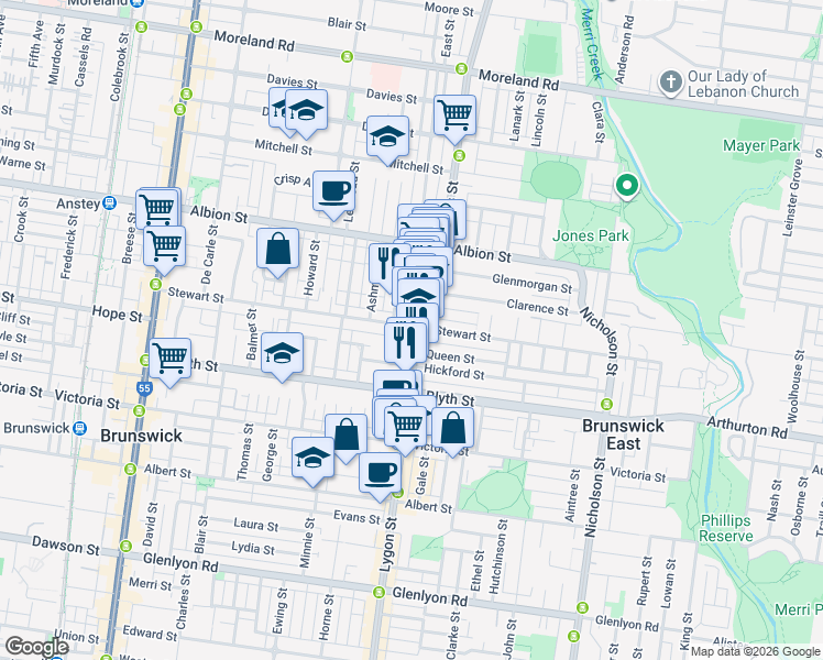 map of restaurants, bars, coffee shops, grocery stores, and more near 441 Lygon Street in Brunswick East