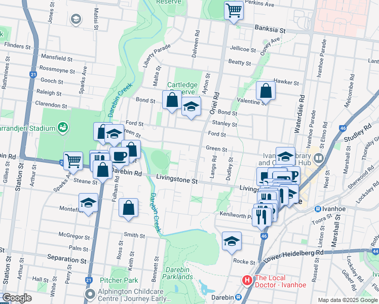 map of restaurants, bars, coffee shops, grocery stores, and more near 75 Green Street in Ivanhoe