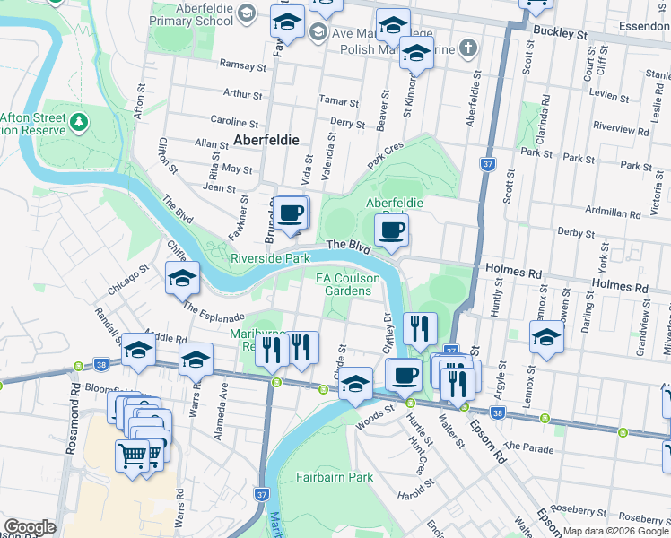 map of restaurants, bars, coffee shops, grocery stores, and more near 55 Chifley Drive in Maribyrnong