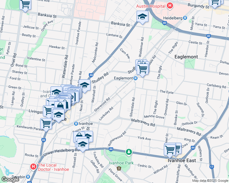 map of restaurants, bars, coffee shops, grocery stores, and more near 21 Sherwood Road in Ivanhoe