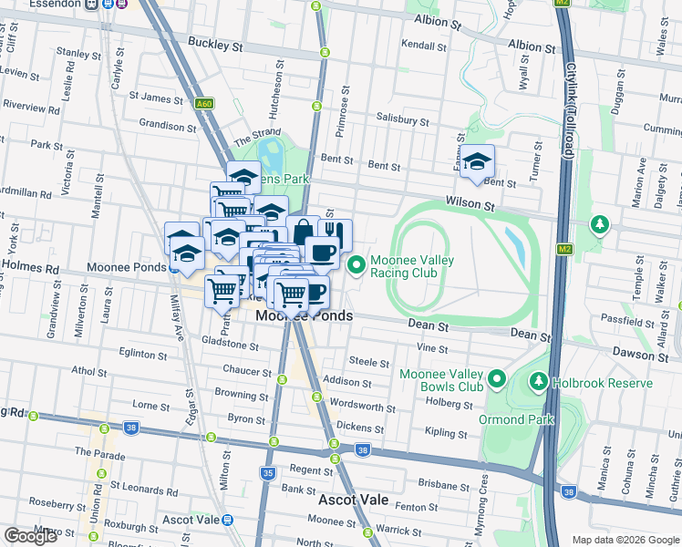 map of restaurants, bars, coffee shops, grocery stores, and more near 1 McPherson Street in Moonee Ponds