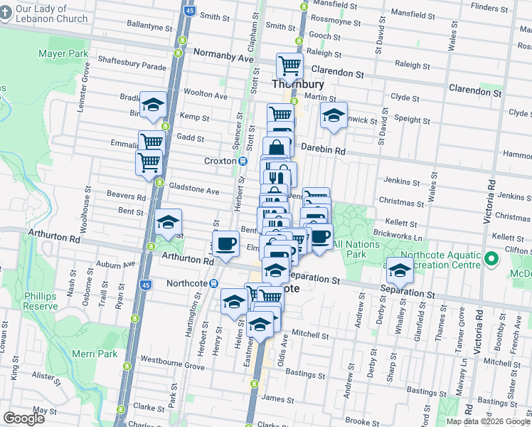 map of restaurants, bars, coffee shops, grocery stores, and more near 4 Beavers Road in Northcote