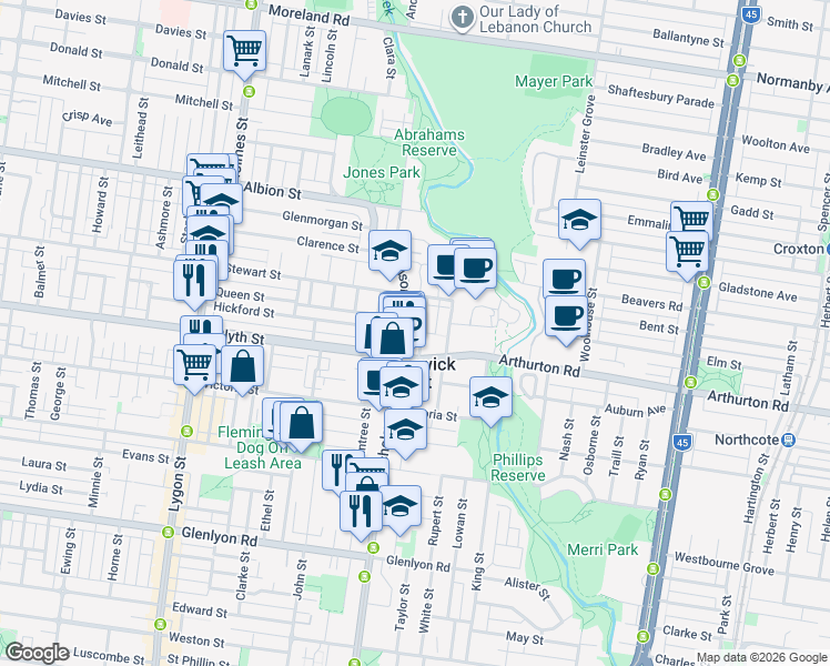 map of restaurants, bars, coffee shops, grocery stores, and more near 55 Ryan Street in Brunswick East