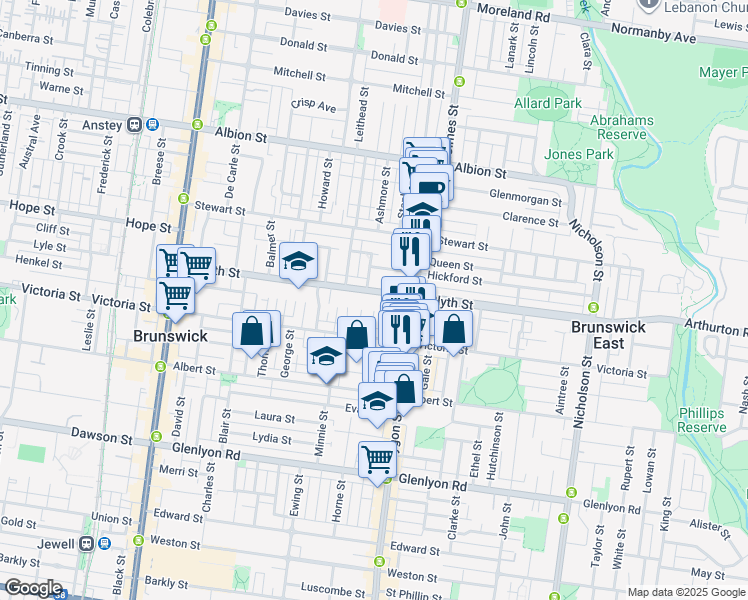 map of restaurants, bars, coffee shops, grocery stores, and more near 110 Blyth Street in Brunswick
