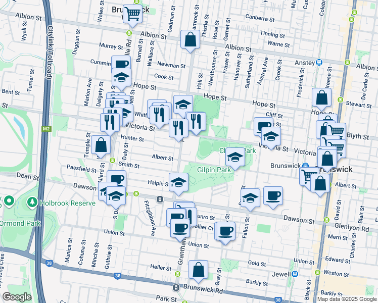map of restaurants, bars, coffee shops, grocery stores, and more near 44 Pearson Street in Brunswick West