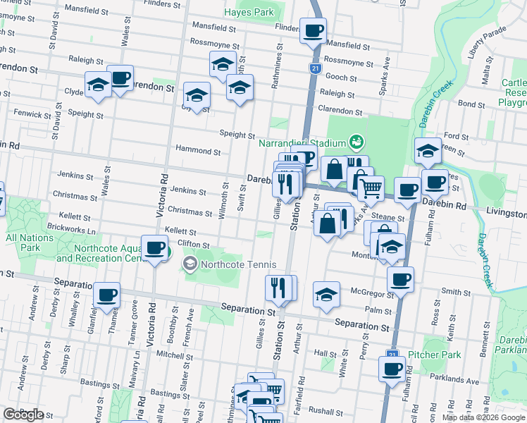 map of restaurants, bars, coffee shops, grocery stores, and more near 253 Rathmines Street in Fairfield