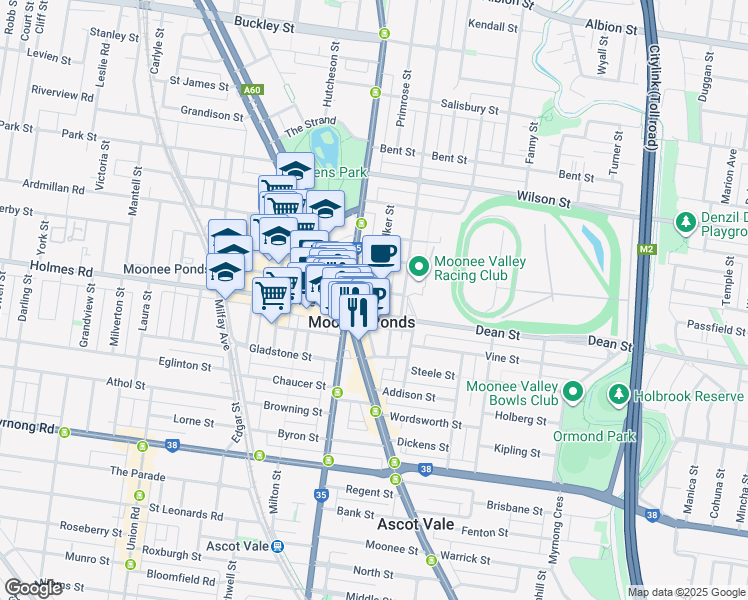 map of restaurants, bars, coffee shops, grocery stores, and more near 1-21 Dean Street in Moonee Ponds