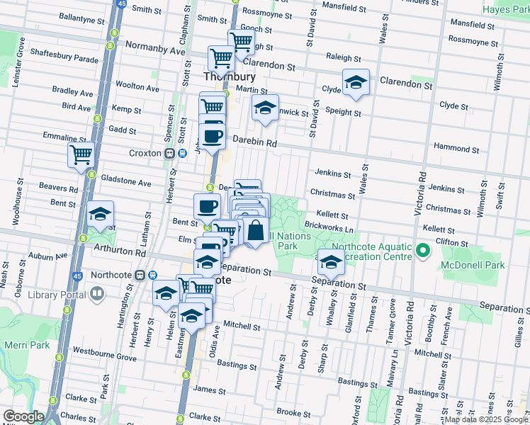 map of restaurants, bars, coffee shops, grocery stores, and more near 8 Breavington Way in Northcote