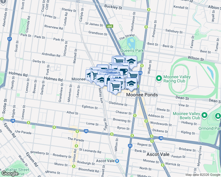 map of restaurants, bars, coffee shops, grocery stores, and more near 30 Shuter Street in Moonee Ponds
