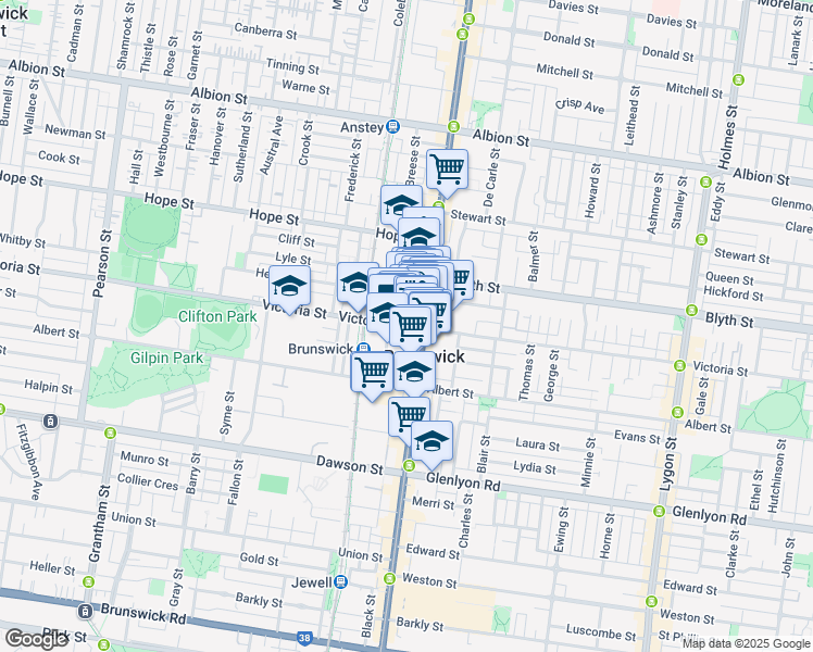 map of restaurants, bars, coffee shops, grocery stores, and more near Victoria Street in Brunswick